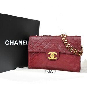 CHANEL Maxi Jumbo Matelasse 34 Chain Shoulder Bag Leather Red Vintage